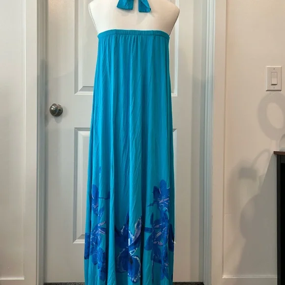 DG2 by Diane Gilman Turquoise Halter Maxi with Blue Floral Border - Picture 3 of 7